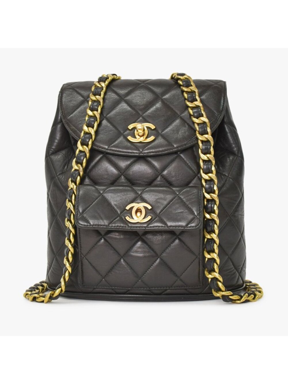 Chanel Quilted Backpack Lambskin CC Logo Black Vintage Gold